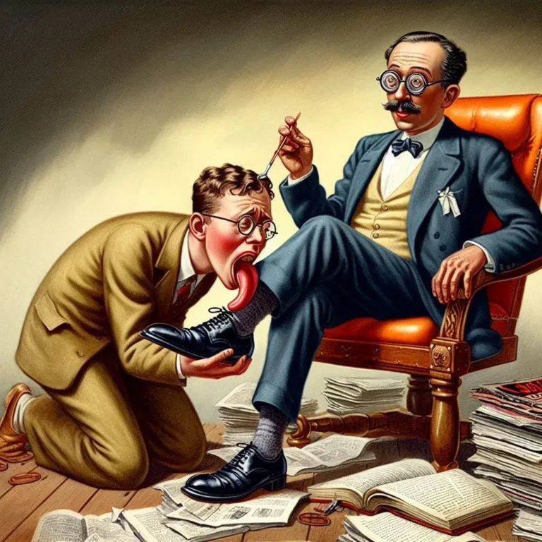 Ilustración de un hombre arrodillado lamiendo el zapato de un jefe sentado en un sillón, como metáfora visual del peloteo y la sumisión en entornos de poder.