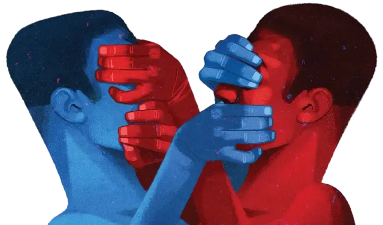 Ilustración de dos figuras enfrentadas que se tapan mutuamente los ojos y la boca, simbolizando censura y polarización.