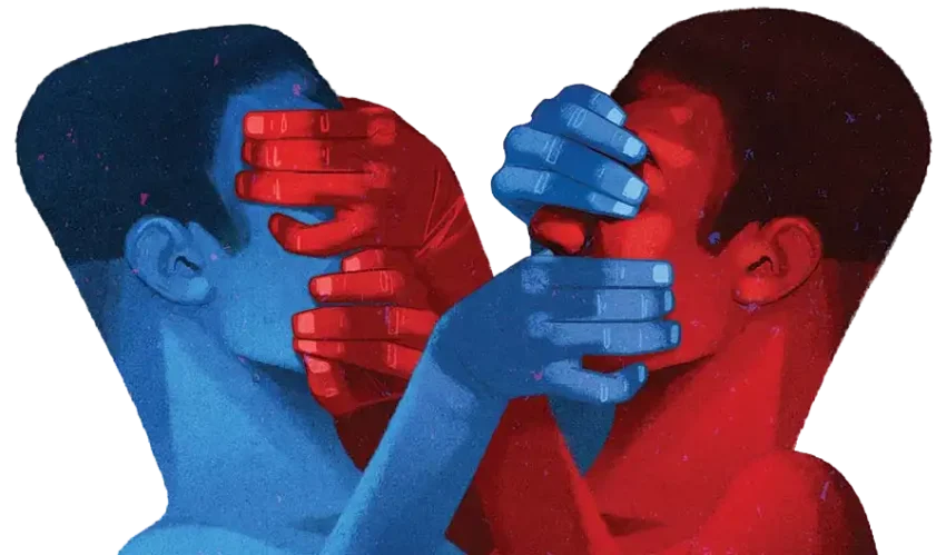 Ilustración de dos figuras enfrentadas que se tapan mutuamente los ojos y la boca, simbolizando censura y polarización.