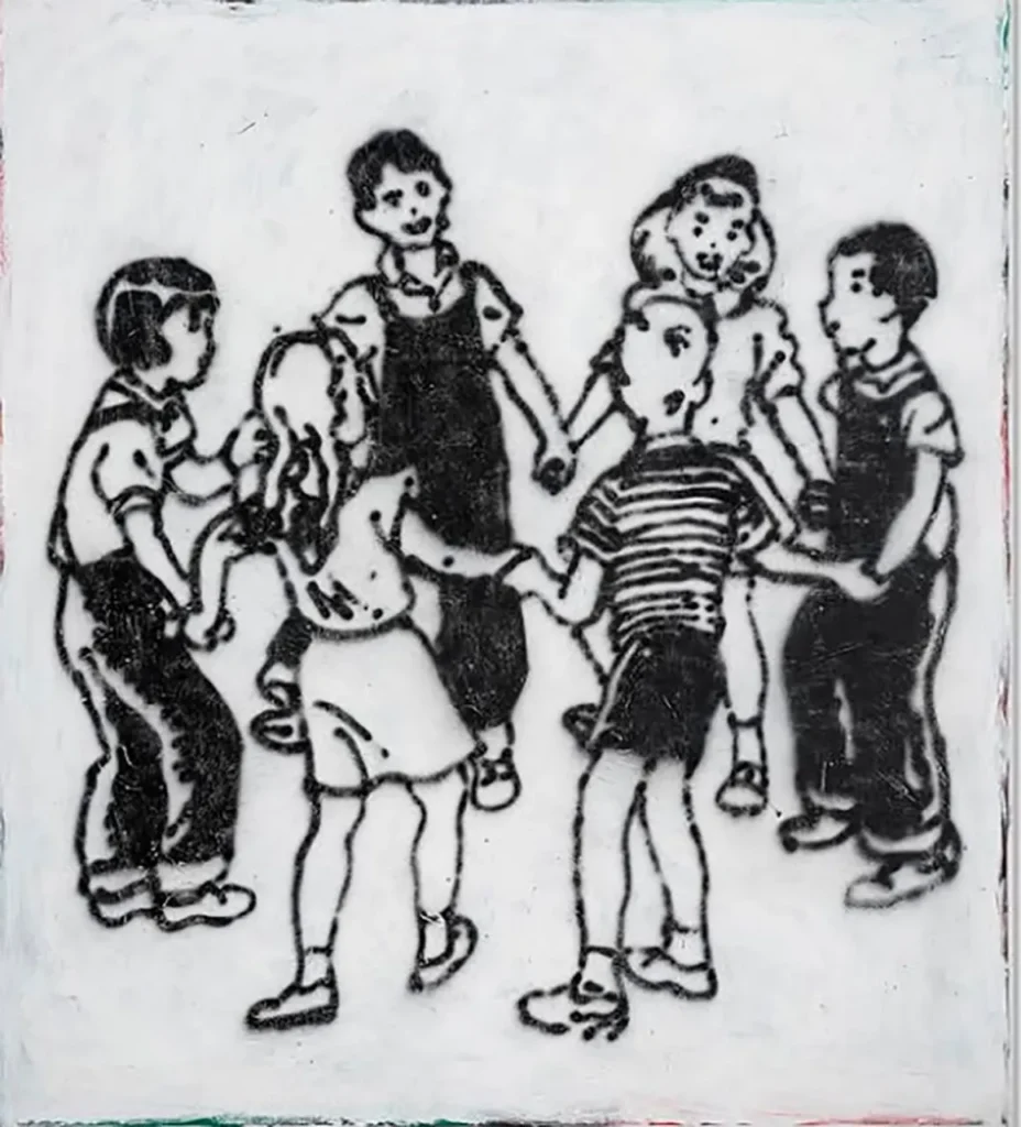 Ilustración en blanco y negro de siete niños cogidos de la mano formando un círculo, evocando juegos infantiles y estética naïf vinculada al imaginario de Ricardo Passaporte.