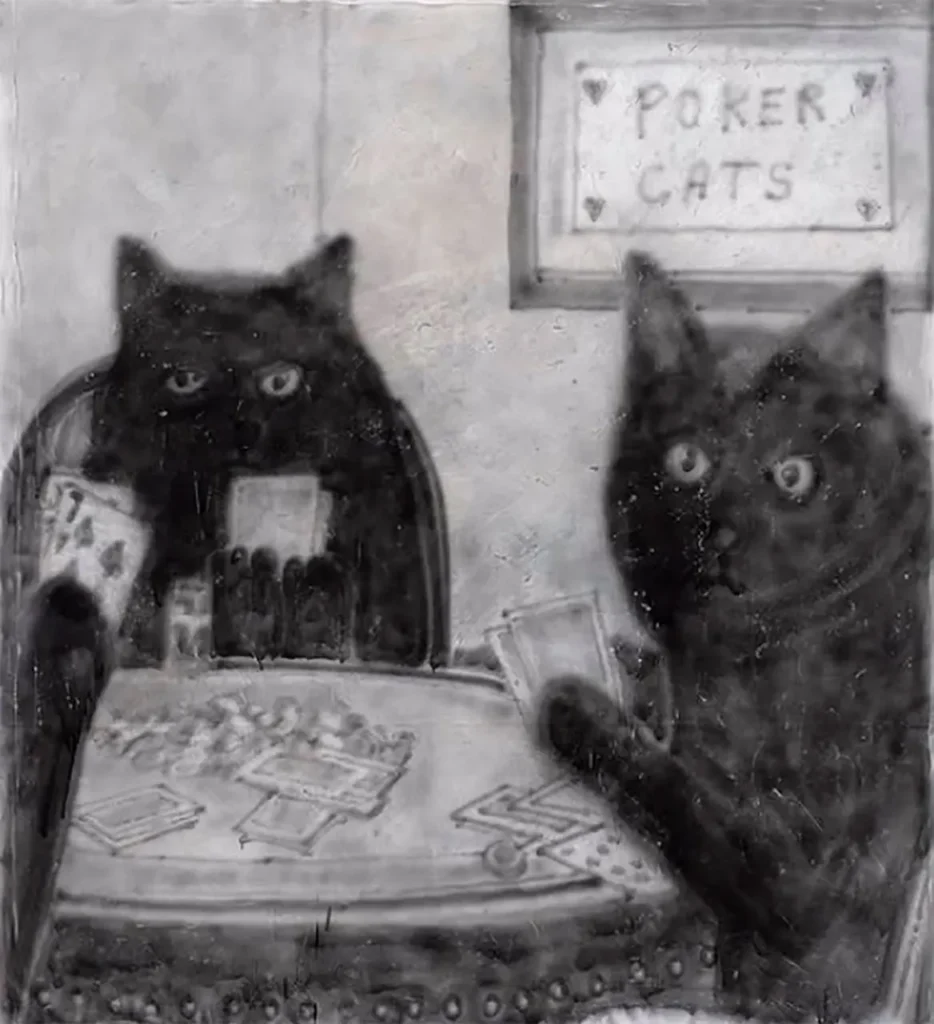 Ilustración en blanco y negro de dos gatos jugando al póker en una mesa, con estética humorística y antropomórfica vinculada al imaginario de Ricardo Passaporte.