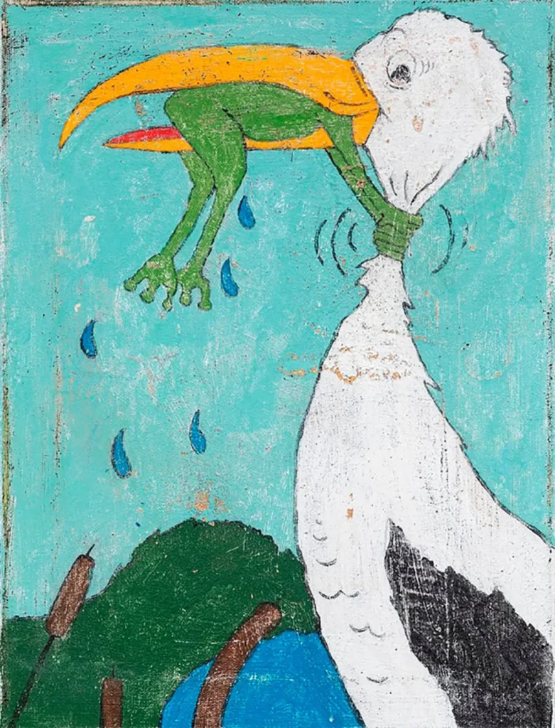 Ilustración en blanco y negro de un ave grande intentando tragar a una rana que se resiste sujetándole el cuello, en una escena de tensión humorística vinculada al imaginario de Ricardo Passaporte.