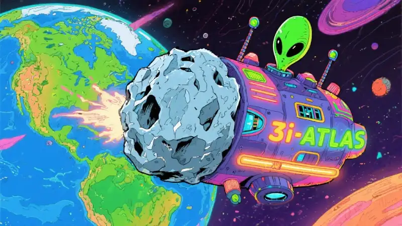 Nave espacial caricaturesca “3i?ATLAS” pilotada por un alien verde que empuja un asteroide hacia la Tierra, provocando una explosión sobre América.