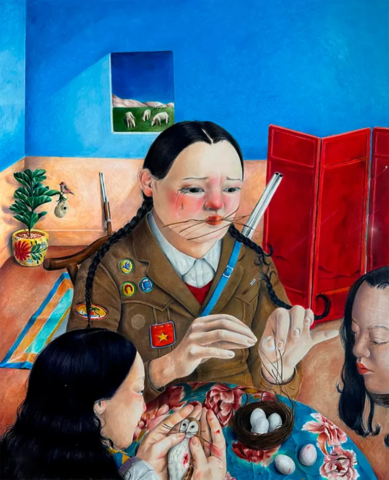 La obra de Adèle Aproh se nutre de una dinámica narrativa profundamente ligada a la cultura pop y al surrealismo que esconde historias dentro de otras historia, sus dibujos despliegan un universo cargado de símbolos y referencias, donde cada escena invita a una lectura múltiple y pausada.