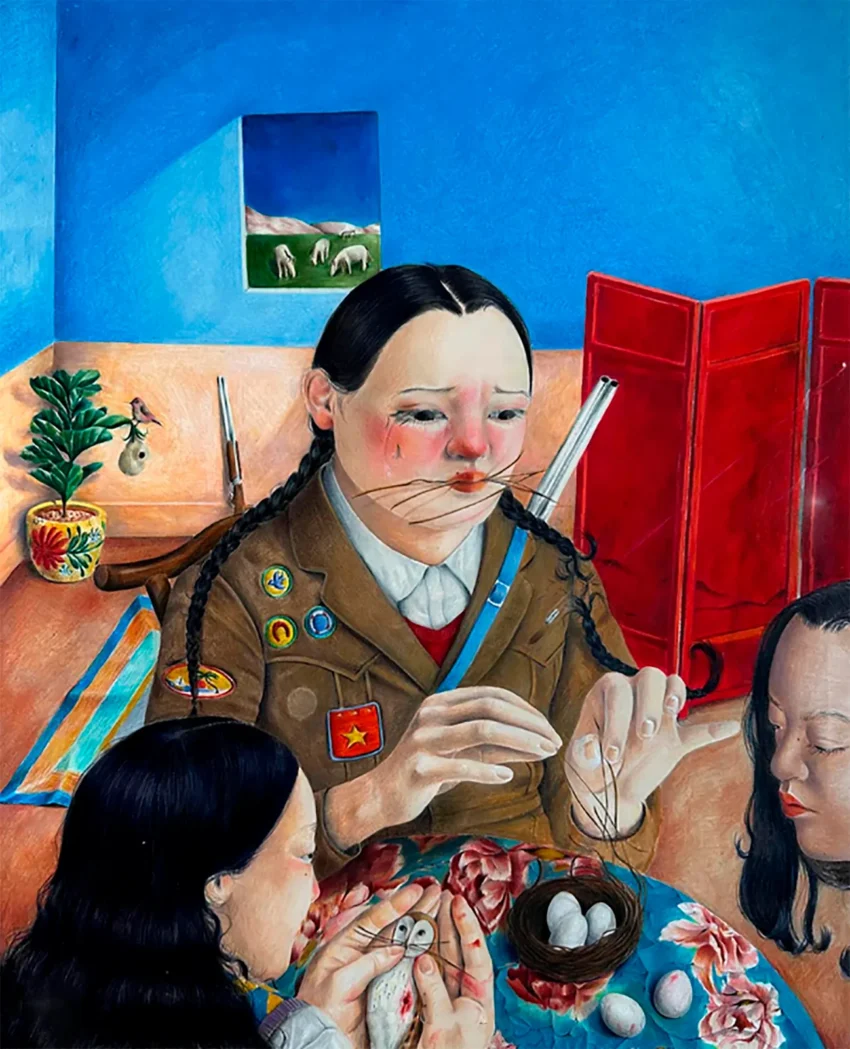 La obra de Adèle Aproh se nutre de una dinámica narrativa profundamente ligada a la cultura pop y al surrealismo que esconde historias dentro de otras historia, sus dibujos despliegan un universo cargado de símbolos y referencias, donde cada escena invita a una lectura múltiple y pausada.