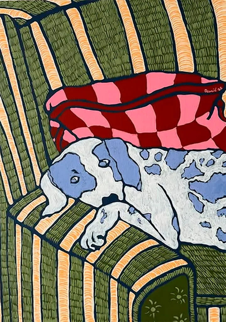 Una exploración visual de la vida cotidiana de diversas culturas: ornamentos auténticos en textiles, jarrones y muebles, plantas locales y animales domésticos. Allí donde se encuentre Danil, logra llenar los espacios que lo rodean con un conjunto de objetos inmutables y se convierte en un punto focal para las mascotas más encantadoras, que más tarde pasan a ser las protagonistas de sus lienzos.