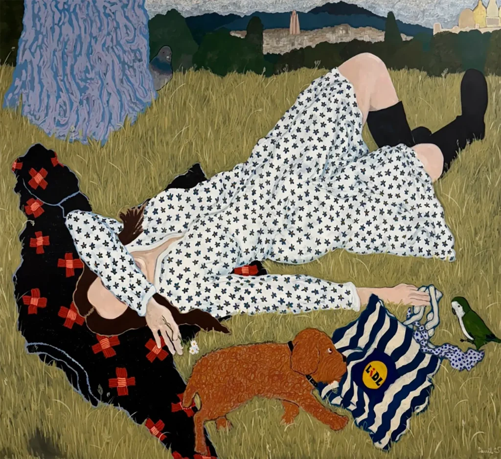 Una exploración visual de la vida cotidiana de diversas culturas: ornamentos auténticos en textiles, jarrones y muebles, plantas locales y animales domésticos. Allí donde se encuentre Danil, logra llenar los espacios que lo rodean con un conjunto de objetos inmutables y se convierte en un punto focal para las mascotas más encantadoras, que más tarde pasan a ser las protagonistas de sus lienzos.