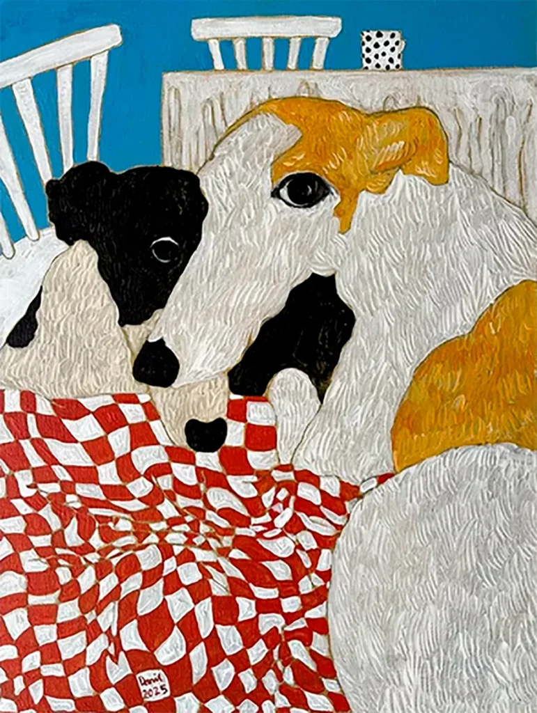 Una exploración visual de la vida cotidiana de diversas culturas: ornamentos auténticos en textiles, jarrones y muebles, plantas locales y animales domésticos. Allí donde se encuentre Danil, logra llenar los espacios que lo rodean con un conjunto de objetos inmutables y se convierte en un punto focal para las mascotas más encantadoras, que más tarde pasan a ser las protagonistas de sus lienzos.