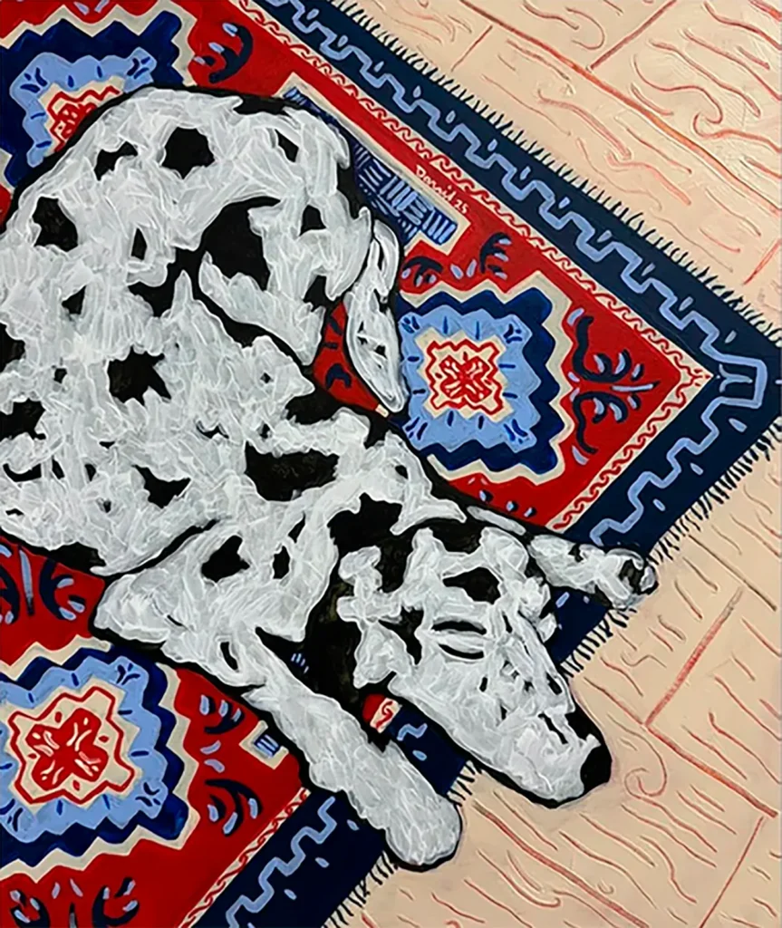 Una exploración visual de la vida cotidiana de diversas culturas: ornamentos auténticos en textiles, jarrones y muebles, plantas locales y animales domésticos. Allí donde se encuentre Danil, logra llenar los espacios que lo rodean con un conjunto de objetos inmutables y se convierte en un punto focal para las mascotas más encantadoras, que más tarde pasan a ser las protagonistas de sus lienzos.