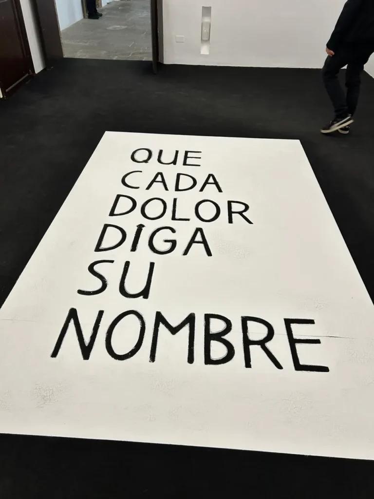 En Lo tengo en la punta de la lengua, Eva Lootz emplea un elemento etnográfico tradicional en Mallorca, la cal, para dos piezas inéditas: Lengua de cal y Que cada dolor diga su nombre. Producida en los hornos de cal durante siglos en Baleares, la cal –utilizada en la argamasa de la construcción, para enjalbegar muros, impermeabilizar charcas y aljibes, purificar el agua, eliminar virus y hongos, prevenir la putrefacción en aguas estancadas