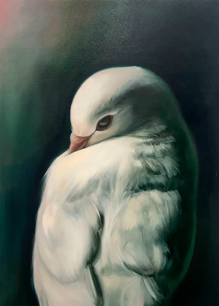 Las pinturas de Rebecca Storm emplean cifrados visuales que intentan descodificar cómo los ciclos de trauma, adicción y poder afectan al sentido de identidad y autonomía. Su obra busca explorar la semiótica del paso del tiempo y la experiencia somática de la memoria consciente e inconsciente.