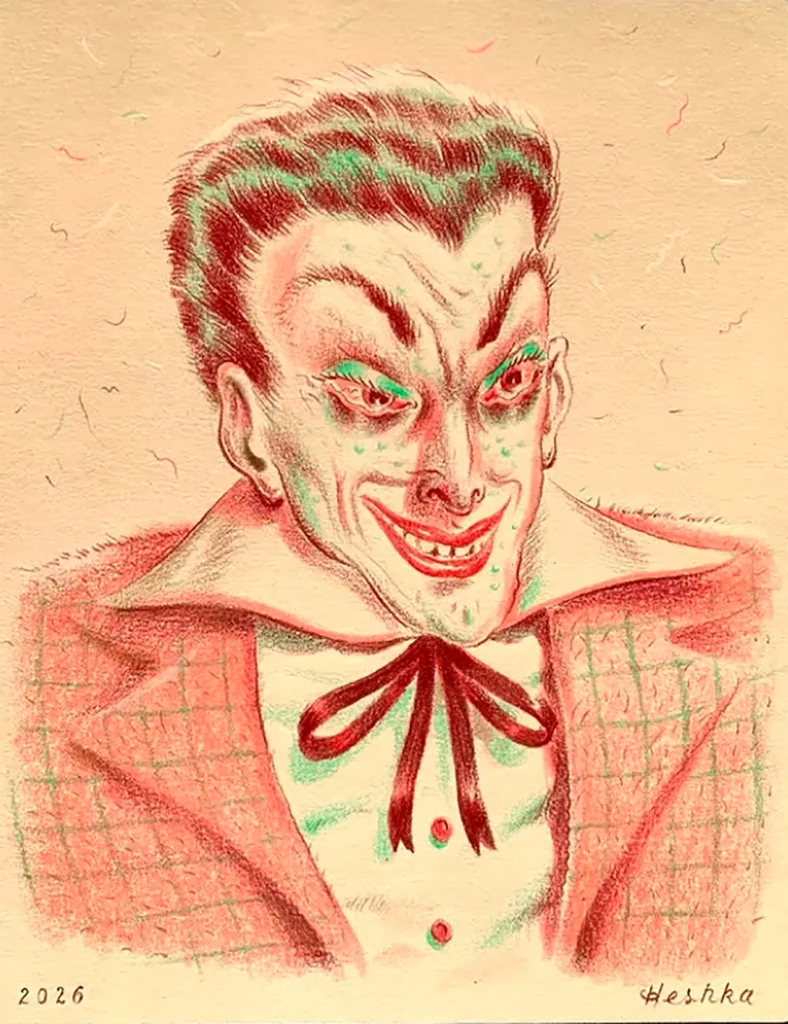 Ryan Heshka inventa sus personajes para crear sus propias obras de arte, pero dándoles un toque de humor e ironía que las convierte en algo artísticamente nuevo, desafiante y cargado de sátira. Y además, las usa como una crítica a la sociedad en la que le toca vivir, con la que no estaba de acuerdo y decide intentar transmutar la percepción creando esas situaciones cómicas y mundos paralelos.