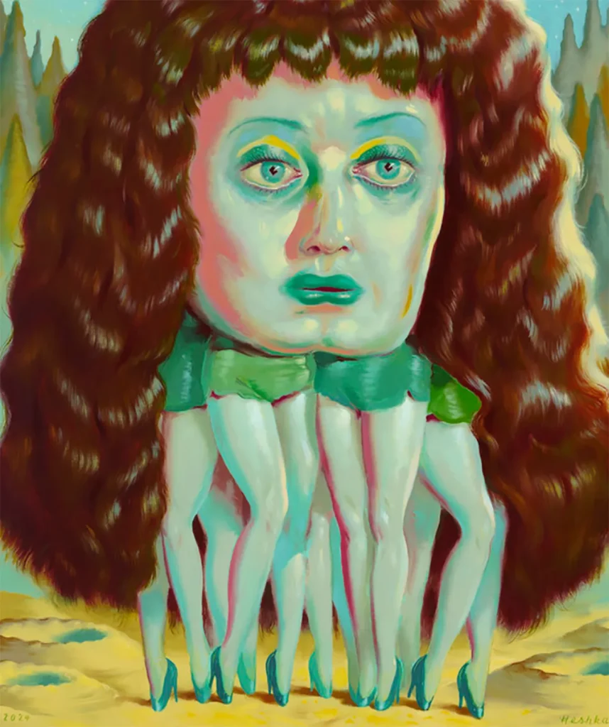 Ryan Heshka inventa sus personajes para crear sus propias obras de arte, pero dándoles un toque de humor e ironía que las convierte en algo artísticamente nuevo, desafiante y cargado de sátira. Y además, las usa como una crítica a la sociedad en la que le toca vivir, con la que no estaba de acuerdo y decide intentar transmutar la percepción creando esas situaciones cómicas y mundos paralelos.