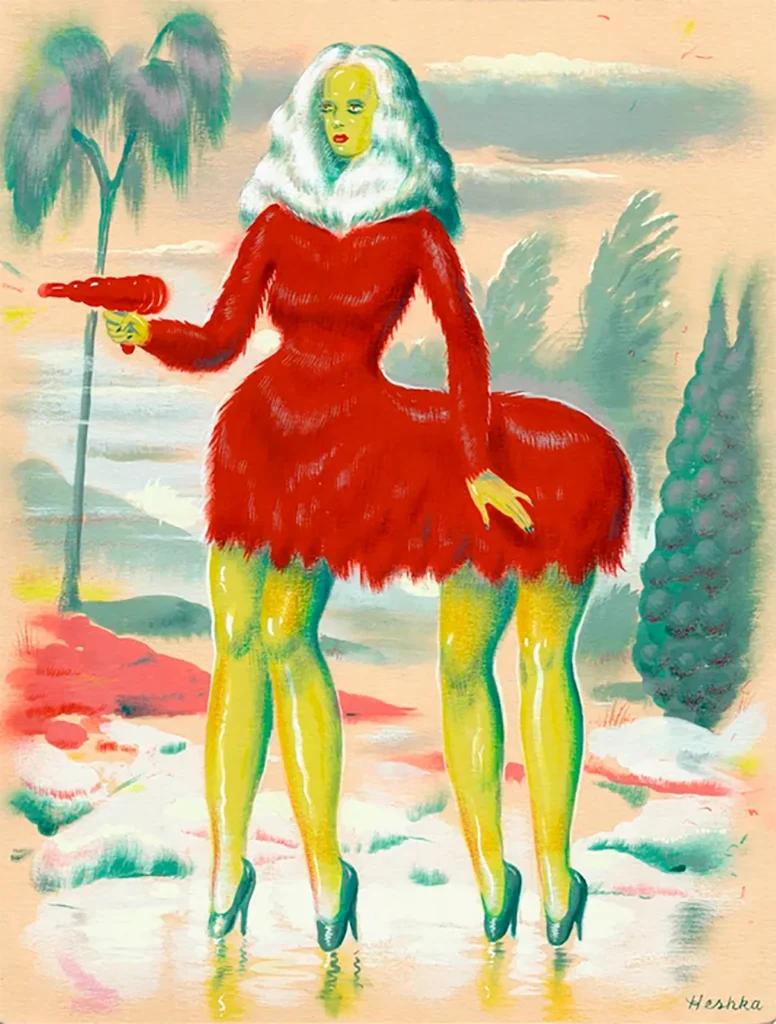 Ryan Heshka inventa sus personajes para crear sus propias obras de arte, pero dándoles un toque de humor e ironía que las convierte en algo artísticamente nuevo, desafiante y cargado de sátira. Y además, las usa como una crítica a la sociedad en la que le toca vivir, con la que no estaba de acuerdo y decide intentar transmutar la percepción creando esas situaciones cómicas y mundos paralelos.