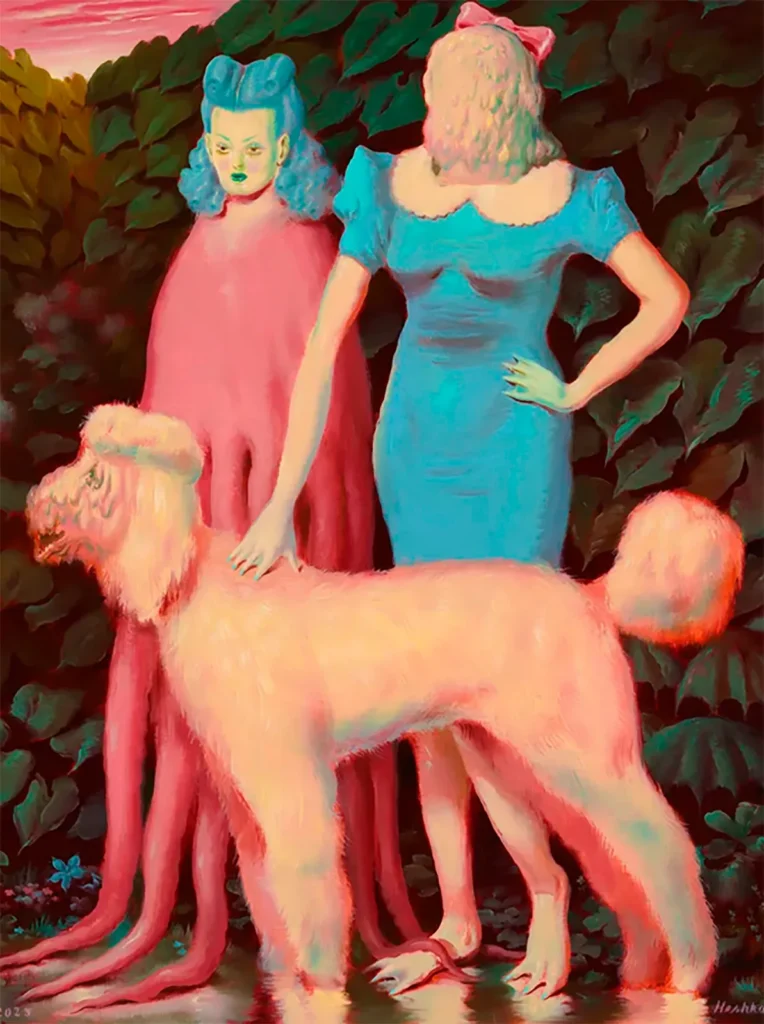 Ryan Heshka inventa sus personajes para crear sus propias obras de arte, pero dándoles un toque de humor e ironía que las convierte en algo artísticamente nuevo, desafiante y cargado de sátira. Y además, las usa como una crítica a la sociedad en la que le toca vivir, con la que no estaba de acuerdo y decide intentar transmutar la percepción creando esas situaciones cómicas y mundos paralelos.