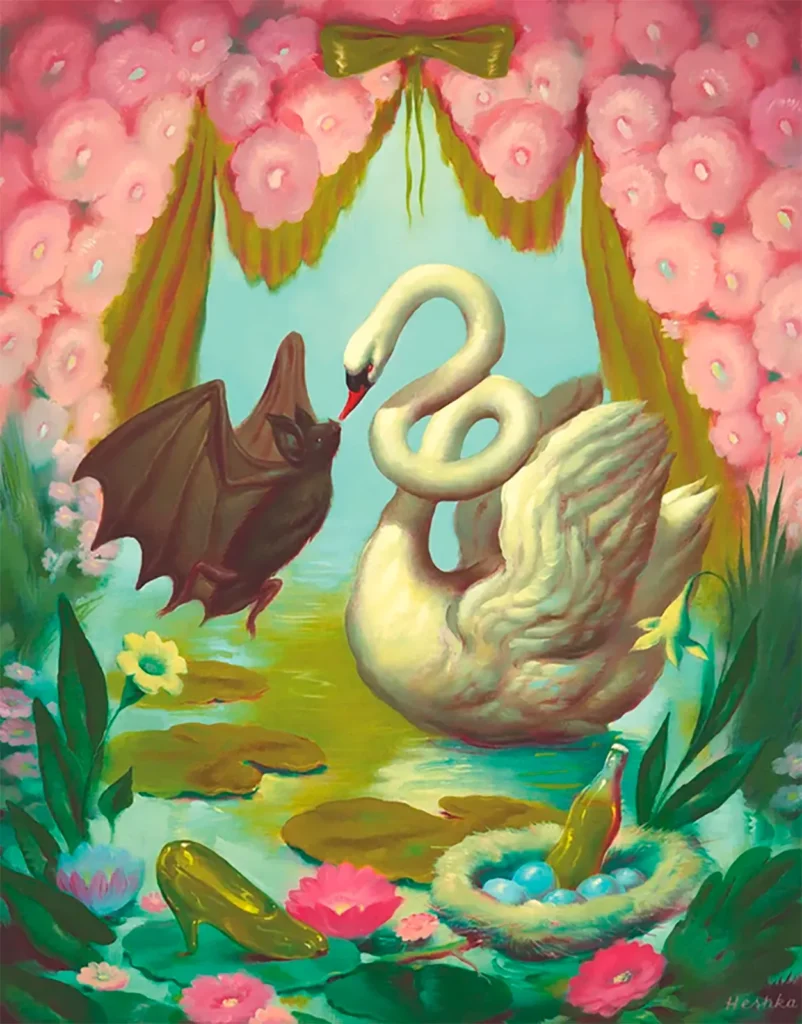 Ryan Heshka inventa sus personajes para crear sus propias obras de arte, pero dándoles un toque de humor e ironía que las convierte en algo artísticamente nuevo, desafiante y cargado de sátira. Y además, las usa como una crítica a la sociedad en la que le toca vivir, con la que no estaba de acuerdo y decide intentar transmutar la percepción creando esas situaciones cómicas y mundos paralelos.