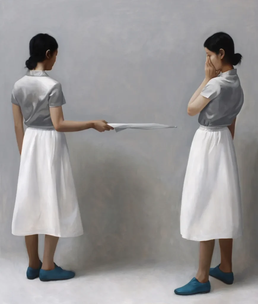 Las obras de Xue Ruozhew exploran la recontextualización de la pintura figurativa dentro de la ecología mediática contemporánea, en la fisura existente entre la pintura y la imagen, así como entre la pintura y su propia historia