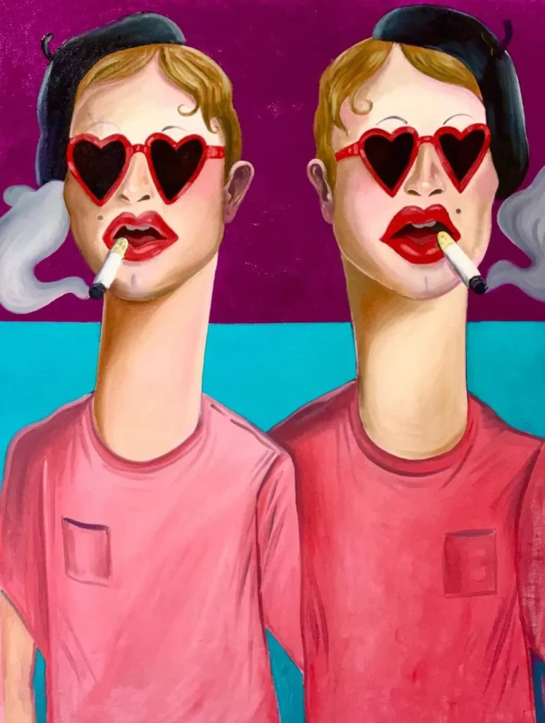En el trabajo de Noah Becker una resonancia contemporánea inevitable: la sensación de vivir duplicados en múltiples planos. Las figuras parecen portar ese eco digital, esa sombra paralela que nos acompaña en silencio. Sin embargo, lejos de lo tecnológico explícito, la pintura insiste en su materialidad, en la huella del trazo como acto irrepetible. Es allí donde lo imaginario se encarna.
