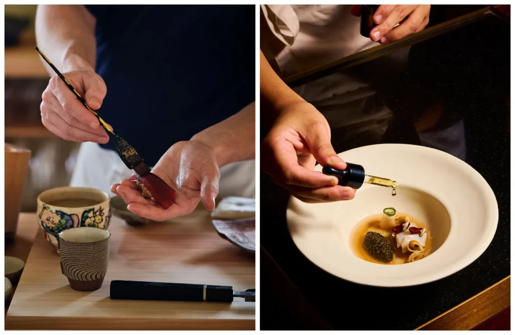 En algunas cocinas, el sabor se obtiene no tanto por la adición de condimentos, sino por procesos que simplemente requieren tiempo. Las verduras, el pescado y la carne pueden marinarse o fermentarse suavemente — a veces con koji (un cultivo fermentado mezclado con arroz, soja o cebada, utilizado para elaborar alimentos y bebidas, como la salsa de soja, el sake y el miso)—, para que el sabor se intensifique gradualmente. 